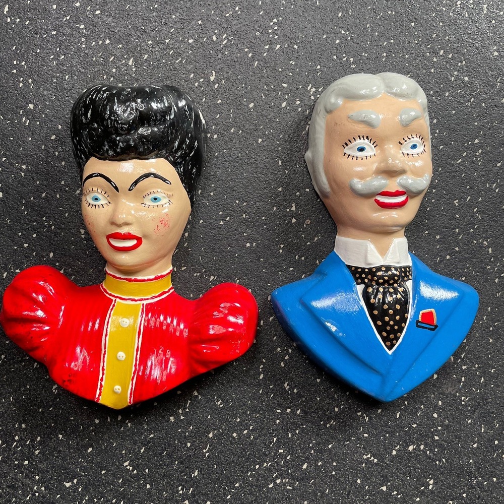 Lady & Gentlemen Bust Sculpture Wall Hanging Chalkware MCM Hand Painted Decor‎